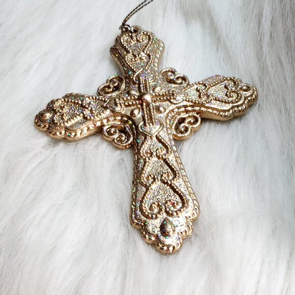Golden Cross Ornament with Holo Iridescent Sparkles - Picture 3 of 8